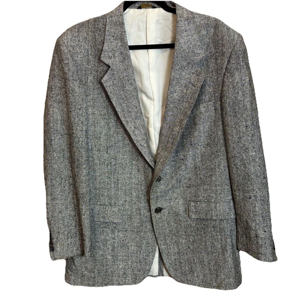 Farah Men's 39R Gray/Black Herringbone Tweed Silk 2-Button Blazer Flaw Read